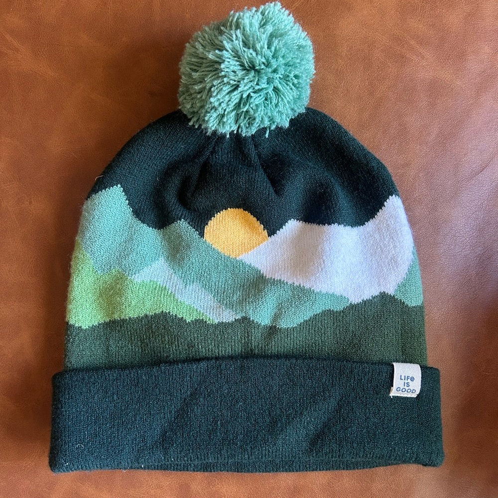 Life Is Good Green Mountain Pom-Pom Beanie